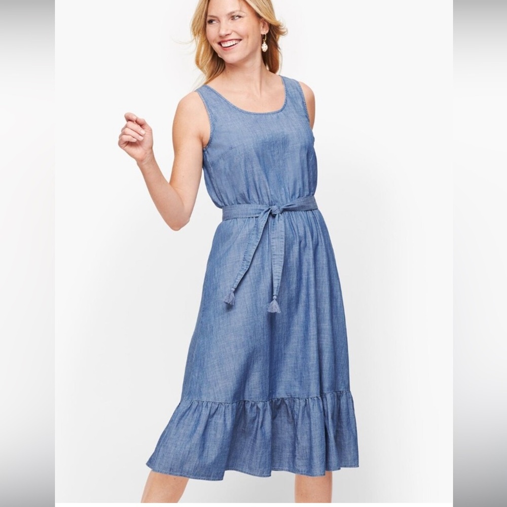Talbots Sleeveless Blue Chambray Summer Dress with Waist Tie Size 16 large
